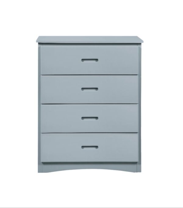 A gray chest of drawers with four drawers.