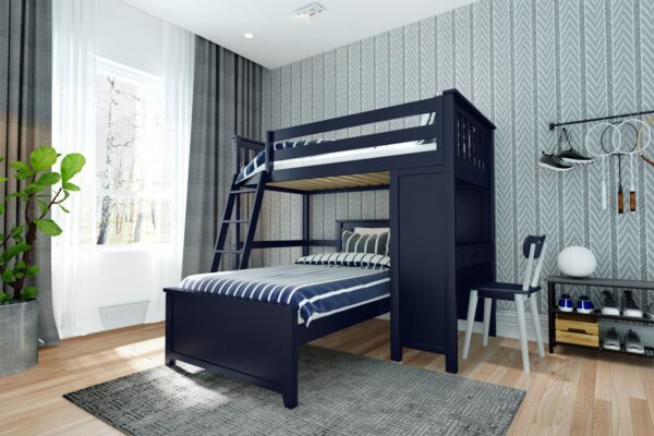 A black bunk bed with a desk and chair.