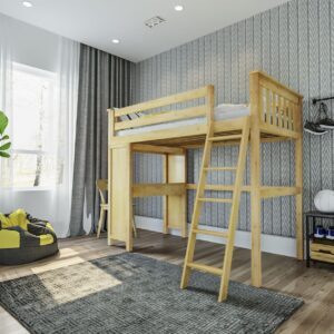 A room with a bunk bed and a desk.
