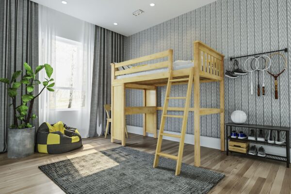 A room with a bunk bed and a desk.