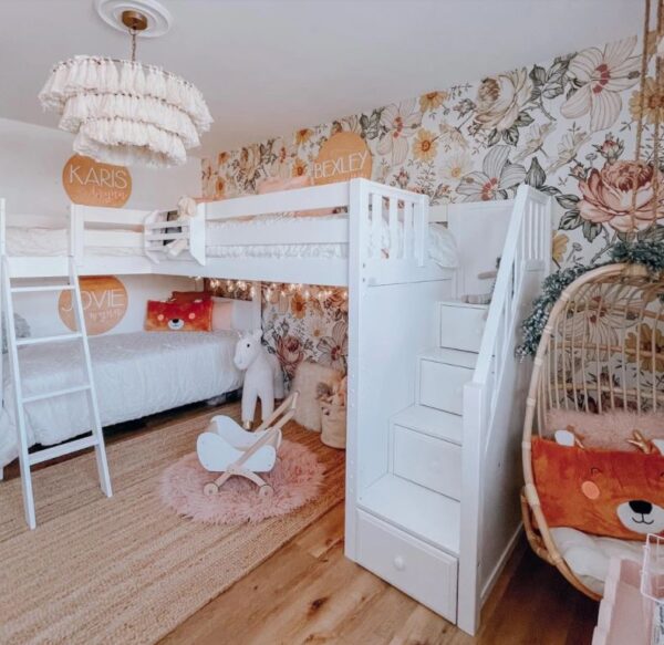 Maxtrix Twin Medium Corner Loft Bunk Bed with Ladder + Stairs (White, Natural and Chestnut) - Image 2
