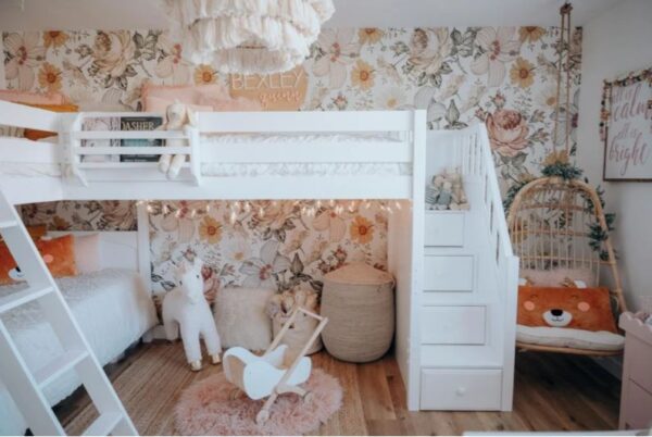 Maxtrix Twin Medium Corner Loft Bunk Bed with Ladder + Stairs (White, Natural and Chestnut)
