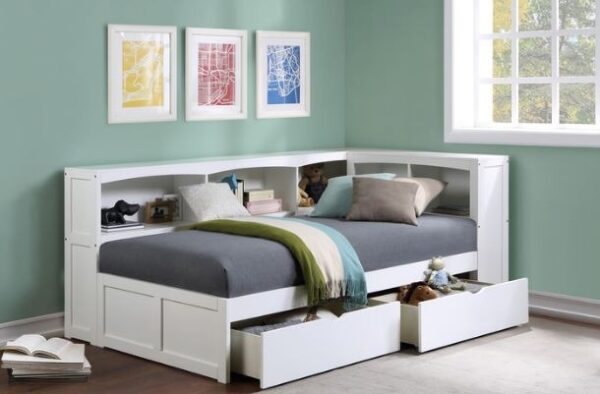 Belden Twin Size Corner Bookcase Headboard Bed (White, Grey, Natural and Dark Cherry)