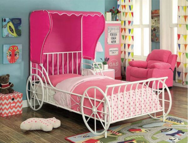 Charming Carriage Bed in White with Pink Tent
