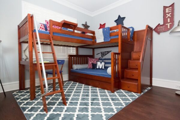 Maxtrix Twin over Full Corner Loft Bunk Bed with Ladder and Stairs (White, Natural and Chestnut)