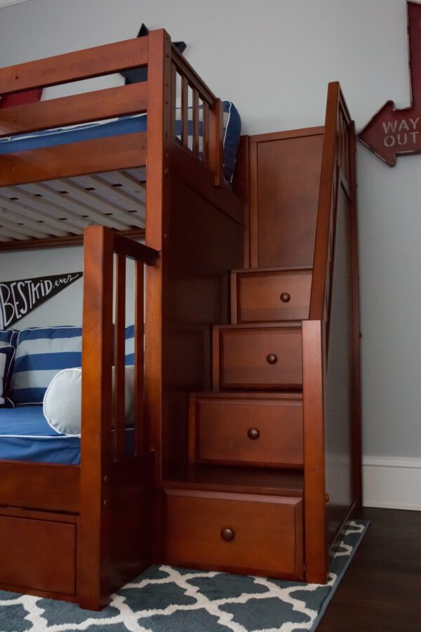 Maxtrix Twin over Full Corner Loft Bunk Bed with Ladder and Stairs (White, Natural and Chestnut) - Image 5