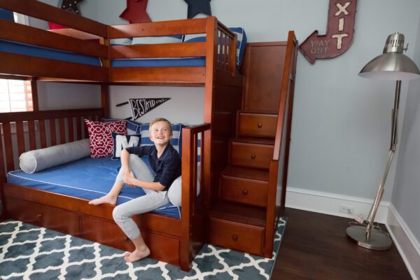 Maxtrix Twin over Full Corner Loft Bunk Bed with Ladder and Stairs (White, Natural and Chestnut) - Image 3