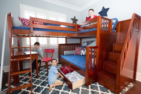 Maxtrix Twin over Full Corner Loft Bunk Bed with Ladder and Stairs (White, Natural and Chestnut) - Image 2