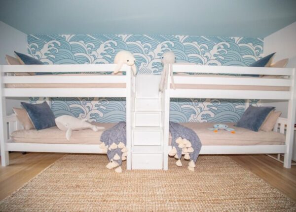 Maxtrix Twin Low Quadruple Bunk Bed with Stairs (White, Natural and Chestnut)