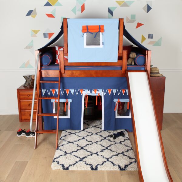Maxtrix Mid Loft Bed with Angled Ladder, Curtain, Top Tent and Slide (White, Natural and Chestnut)