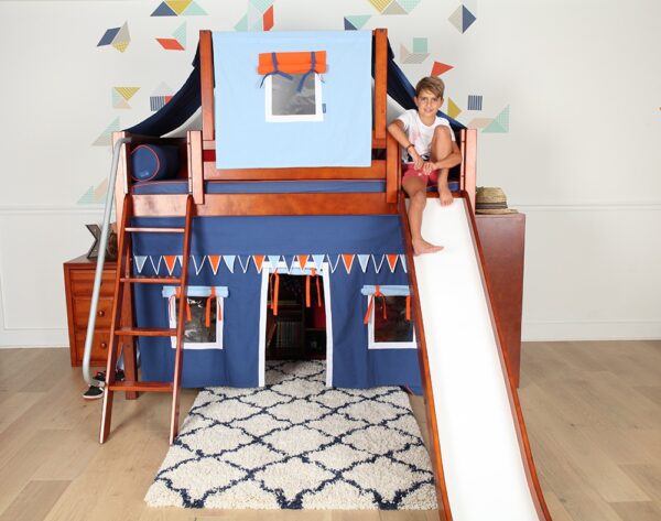 Maxtrix Mid Loft Bed with Angled Ladder, Curtain, Top Tent and Slide (White, Natural and Chestnut) - Image 2