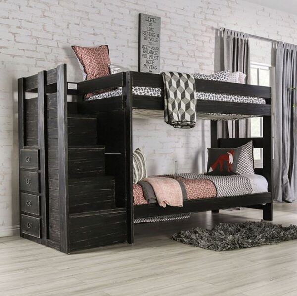 Leo Twin over Twin Bunk Bed with Staircase (White, Black, Gray and Mahogany) - Image 3