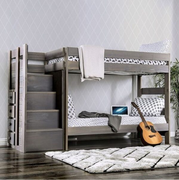 Leo Twin over Twin Bunk Bed with Staircase (White, Black, Gray and Mahogany) - Image 2
