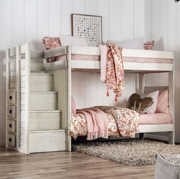 Leo Twin over Twin Bunk Bed with Staircase (White, Black, Gray and Mahogany)