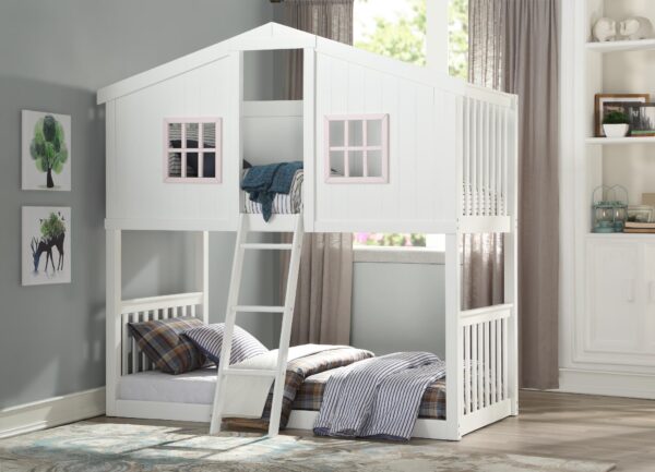 Lohan Cottage Twin over Twin Bunk Bed in White & Pink