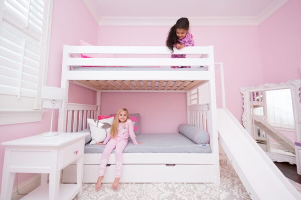 Maxtrix Twin over Twin High Bunk Bed with Slide Platform (White, Natural and Chestnut) - Image 2