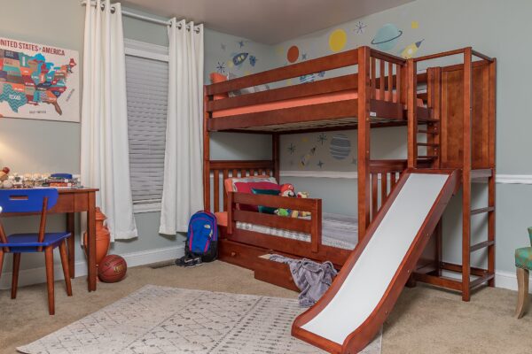 Maxtrix Twin over Twin High Bunk Bed with Slide Platform (White, Natural and Chestnut) - Image 5