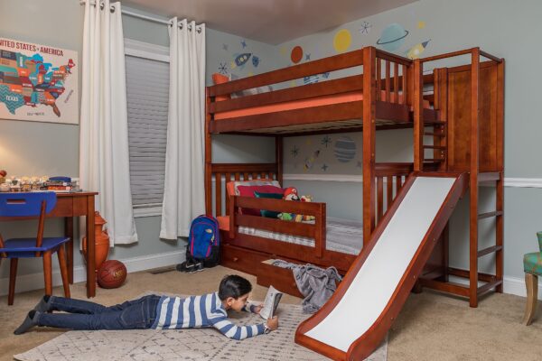 Maxtrix Twin over Twin High Bunk Bed with Slide Platform (White, Natural and Chestnut) - Image 6