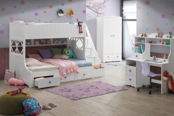 May Twin over Full Bunk Bed with Underbed Storage and Staircase in White