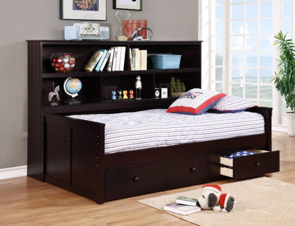 Twin Size Bookcase Lounge Bed (White, Espresso, Rustic Pecan, Graphite Grey & Weathered Grey) - Image 3