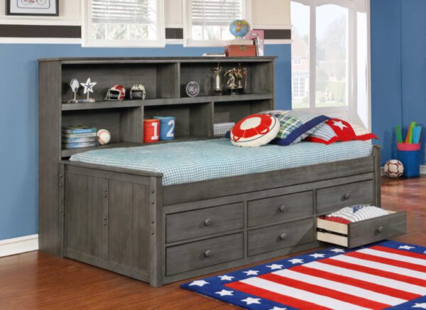 Twin Size Bookcase Lounge Bed (White, Espresso, Rustic Pecan, Graphite Grey & Weathered Grey)