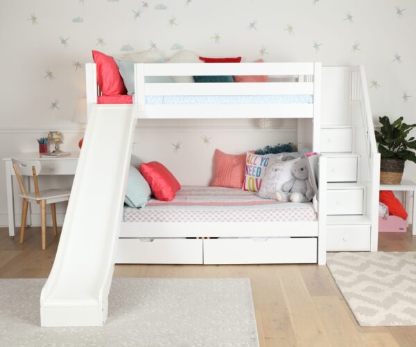 Maxtrix Twin over Full Staircase Bunk Bed with Slide (White, Natural and Chestnut)