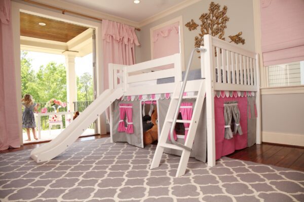 Maxtrix Full Size Low Loft Bed with Angled Ladder, Curtain and Slide (White, Natural and Chestnut) - Image 2