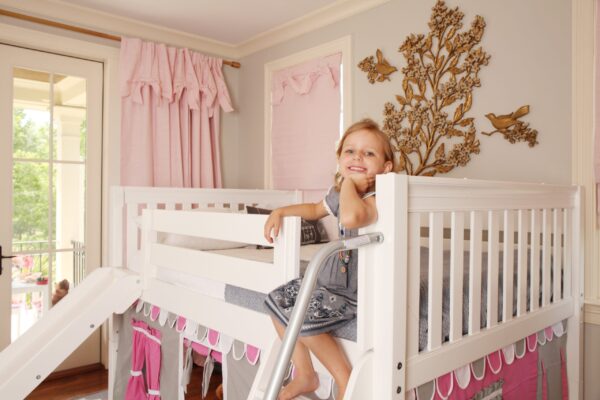 Maxtrix Full Size Low Loft Bed with Angled Ladder, Curtain and Slide (White, Natural and Chestnut) - Image 3
