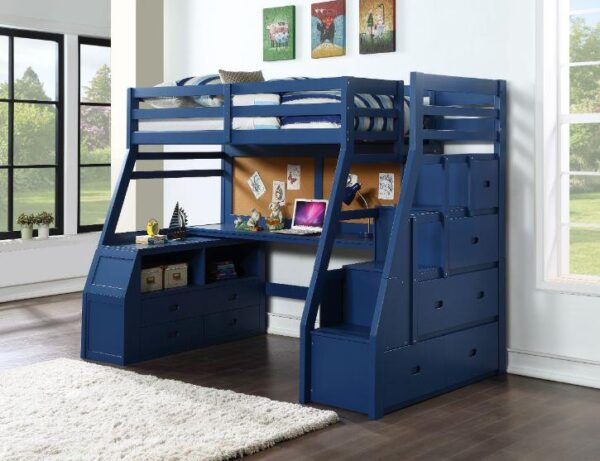 Jay Twin Size Loft Bed with Staircase in Navy Blue