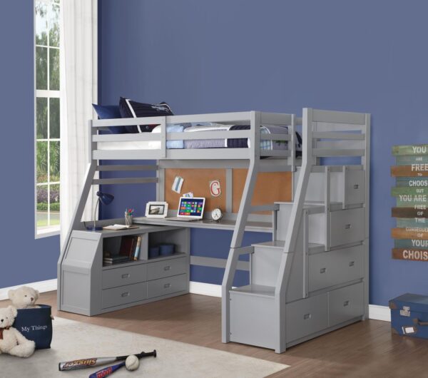Jay Twin Size Loft Bed with Staircase in Gray