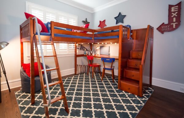 Maxtrix Twin High Corner Loft Bed with Ladder and Stairs (White, Natural and Chestnut)