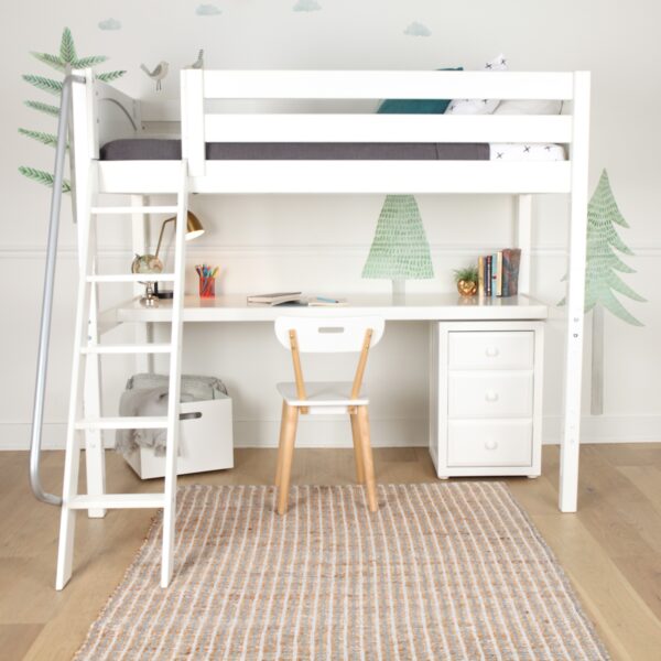 Maxtrix Twin High Loft Bed with Angled Ladder, Desk and Dresser (White, Natural and Chestnut)
