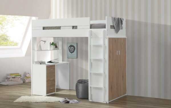 Neri Twin Size Loft Bed in White (Accent: Pink, Gray, Teal and Oak) - Image 4
