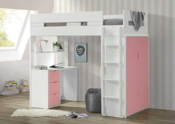 Neri Twin Size Loft Bed in White (Accent: Pink, Gray, Teal and Oak) - Image 2