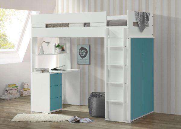 Neri Twin Size Loft Bed in White (Accent: Pink, Gray, Teal and Oak) - Image 3