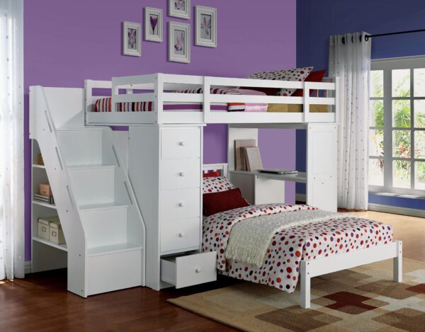 Reyna Twin Size Loft Bed with Bookcase Ladder in White