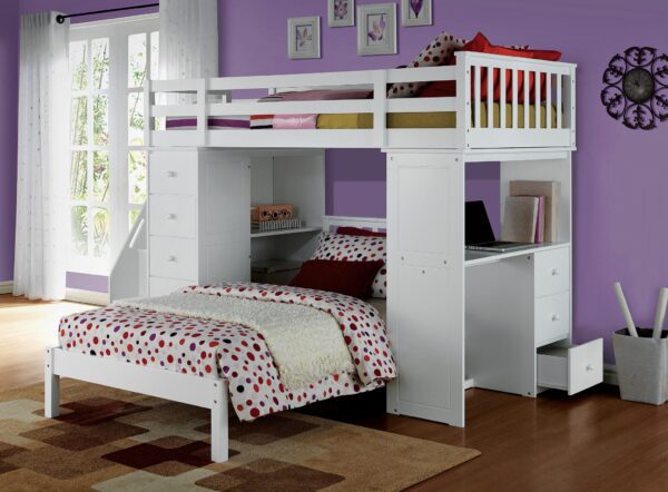 Reyna Twin Size Loft Bed with Bookcase Ladder in White - Image 2