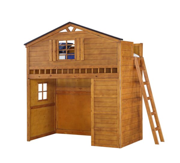 Treehouse Twin Loft Bed with Bookcase Cabinet (Washed Grey and Rustic Oak) - Image 3