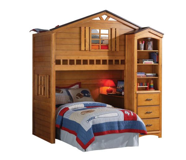 Treehouse Twin Loft Bed with Bookcase Cabinet (Washed Grey and Rustic Oak) - Image 4