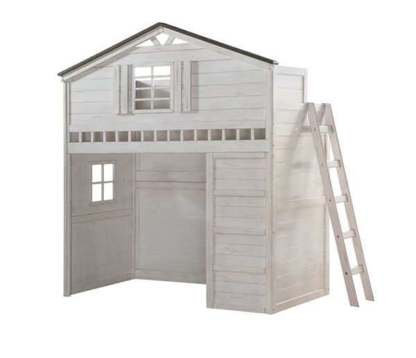 Treehouse Twin Loft Bed with Bookcase Cabinet (Washed Grey and Rustic Oak) - Image 2