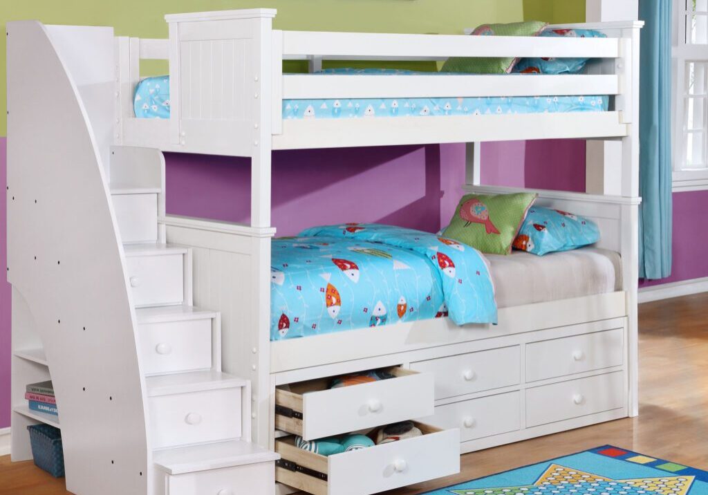 Beadboard-Twin-over-Twin-Bunk-Bed-with-Stairs-and-Trundle-White
