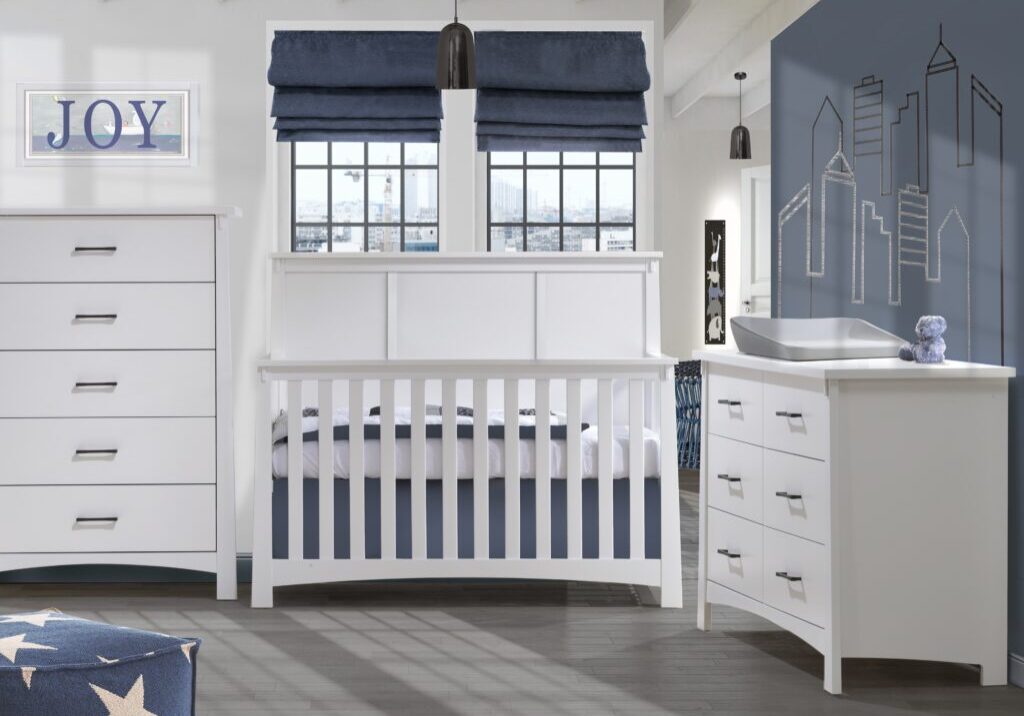 Bruges-Collection-Converible-Crib-5-Drawer-Double-Dresser-in-white-featuring-Matty-in-dusty-grey