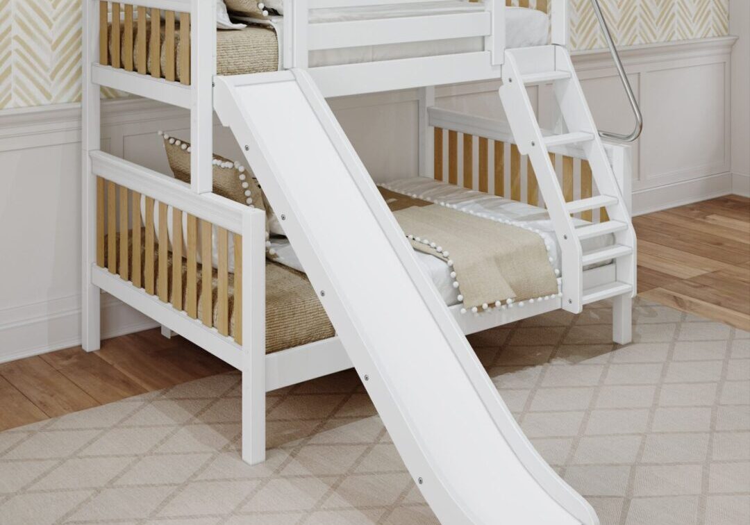 A white bunk bed with slide on the bottom.