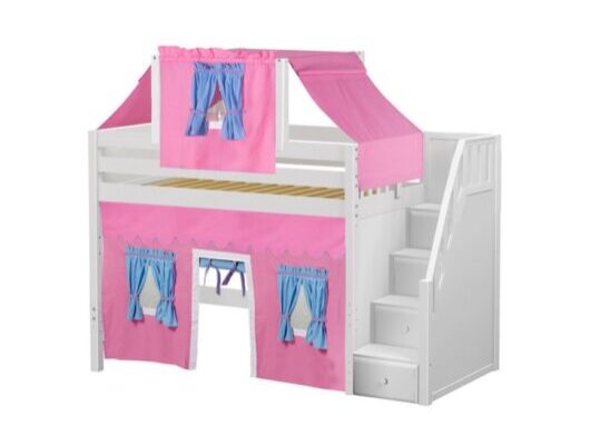 A white bunk bed with stairs and pink curtains.