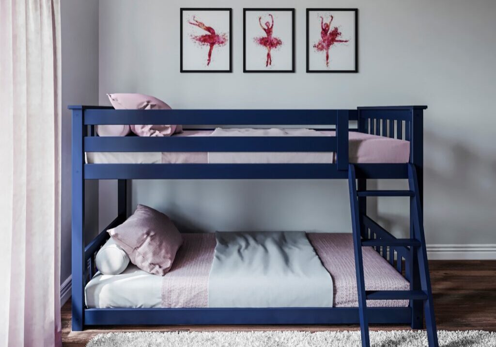 Twin-over-Twin-Low-Bunk-Bed-with-Angled-Ladder-White-Grey-and-Blue