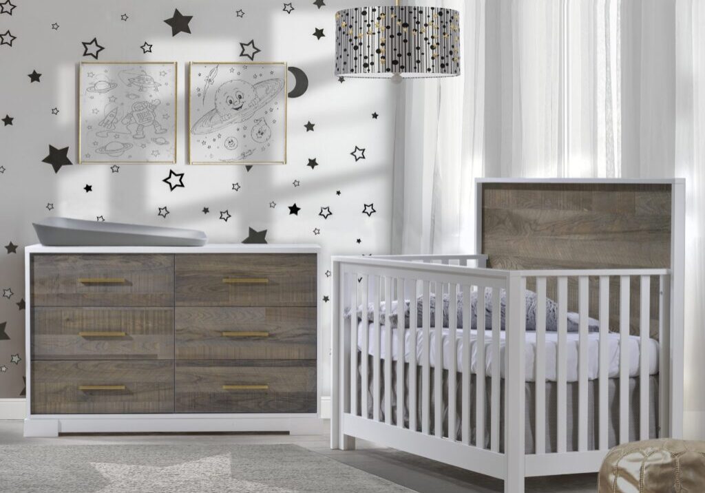 Vibe-Collection-Convertible-Crib-Double-Dresser-in-white-with-brown-bark-antique-brass-pulls-featuring-Matty-in-dusty-grey