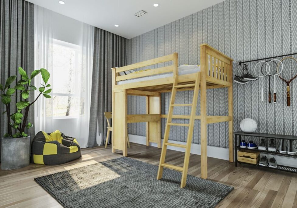 A room with a bunk bed and a desk.
