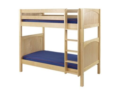 A bunk bed with blue sheets and ladder.